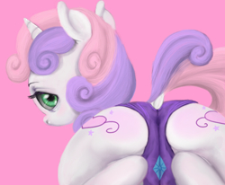 Size: 747x616 | Tagged: questionable, artist:colorlesscupcake, sweetie belle, alternate cutie mark, cameltoe, clothes, cutie mark underwear, female, foalcon, g4, imported from derpibooru, looking back, panties, purple underwear, rear view, solo, solo female, underwear, underwear swap