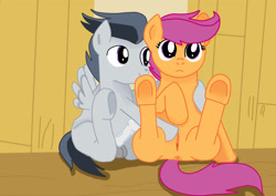 Size: 2336x1654 | Tagged: explicit, artist:jbond, scootaloo, anus, balls, colt, duo, female, filly, foal, foalcon, g4, imported from derpibooru, male, nudity, pegasus, penis, pony, rumble, ship:rumbloo, shipping, sitting, straight, underhoof, vector, vulva