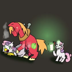 Size: 400x400 | Tagged: explicit, artist:kushina13, sweetie belle, aftersex, ass up, big macintosh, creampie, cum, doggy style, earth pony, eyes closed, face down ass up, female, filly, foal, foalcon, from behind, g4, genitals, griffon, griffonized, grin, horn, horsecock, imported from derpibooru, interspecies, male, nudity, open mouth, panting, penis, pony, pony on griffon action, reasonably sized genitals, self griffondox, self paradox, self ponidox, semi-erect, ship:sweetiemac, smiling, species swap, stallion, straight, trio, unicorn