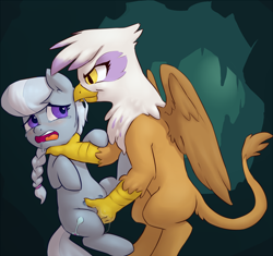Size: 1200x1130 | Tagged: explicit, grimdark, artist:ponchuzn, silver spoon, asphyxiation, blushing, cave, crotchboobs, crying, drool, earth pony, female, female on female rape, fingering, foalcon, g4, gilda, glare, griffon, griffon on filly, imported from derpibooru, interspecies, lesbian, nipples, nudity, pony, pony on griffon action, rape, sex, sexy, sinfully sexy, smiling, smirk, strangling, teats, vaginal secretions, wings, yellow eyes