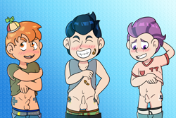 Size: 5500x3681 | Tagged: explicit, artist:bavillion, button mash, bandaid, banned from derpibooru, clothes, cutie mark on human, erection, human, human coloration, humanized, imported from twibooru, male, nudity, pac-man, penis, rumble, shirt, shirt lift, shotacon, tender taps, underage, underwear
