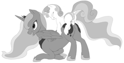 Size: 3083x1572 | Tagged: explicit, artist:dontworryaboutitkid, princess luna, sweetie belle, :p, age difference, alicorn, anal insertion, anatomically correct, anus, butt, clitoris, doggy style, eyes closed, female, filly, filly on mare, foal, foalcon, from behind, g4, heart clitoris, imported from derpibooru, insertion, lesbian, mare, monochrome, nudity, open mouth, plot, ponut, pony, pony on pony action, reverse foalcon, sex, sex toy, ship:lunabelle, smiling, strapon, tongue out, unicorn, vulva, vulvar winking