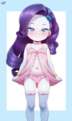 Size: 768x1280 | Tagged: questionable, rarity, ai content, ai generated, babydoll, belly button, blue eyeshadow, cameltoe, child, clothes, equestria girls, eyeshadow, female, human, imported from twibooru, legwear, lingerie, lolicon, looking at you, makeup, nightgown, panties, socks, solo, solo female, stockings, thigh highs, underage, underwear, young, younger