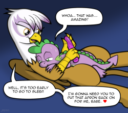 Size: 1350x1200 | Tagged: explicit, artist:jepso, spike, aftersex, commission, dialogue, dildo, dragon, dragon on griffon action, female, femdom, foalcon, g4, gilda, griffon, heart, hug, implied pegging, imported from derpibooru, interspecies, male, on back, sex toy, ship:spilda, straight, straight shota, sweat