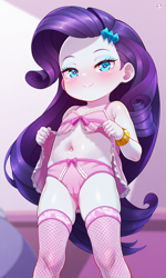 Size: 768x1280 | Tagged: questionable, rarity, ai content, ai generated, babydoll, belly button, blue eyeshadow, cameltoe, child, clothes, equestria girls, eyeshadow, female, human, imported from twibooru, legwear, lingerie, lolicon, looking at you, makeup, nightgown, panties, socks, solo, solo female, stockings, thigh highs, underage, underwear, young, younger