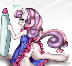 Size: 700x640 | Tagged: explicit, artist:php96, sweetie belle, anus, butt, clothes, dress, female, foalcon, for whom the sweetie belle toils, g4, imported from derpibooru, lipstick, looking at you, looking back, makeup, my little pony: friendship is magic, nudity, plot, skirt, solo, solo female, upskirt, vagina