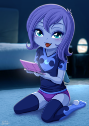 Size: 2480x3508 | Tagged: suggestive, artist:uotapo, princess luna, bed, bedroom eyes, blushing, carpet, clothes, equestria girls, equestria girls-ified, female, imported from twibooru, kneeling, lamp, lolicon, looking at you, luna's room, night, nintendo ds, panties, part of a set, playing video games, shirt, smiling, socks, suggestive smile, t-shirt, thigh highs, underage, underwear, woona, younger