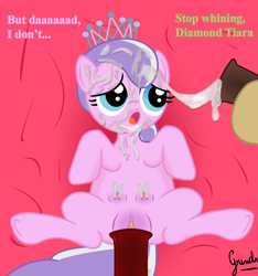 Size: 1280x1369 | Tagged: explicit, grimdark, artist:grinch, diamond tiara, bad parenting, big penis, crotchboobs, crown, cum, cum on ear, cum on ears, cum on hair, cum on nose, cumming, dialogue, earth pony, facial, female, filly, filthy rich, foal, foalcon, g4, gang rape, group sex, horsecock, imminent rape, implied rape, imported from derpibooru, impossibly large penis, incest, jewelry, looking up, male, nipple clamps, nipples, nudity, offscreen character, on back, open mouth, penis, pleading, pony, rape, rape time, regalia, sex, spread legs, straight, talking, teats, text, tip tease, underhoof, vaginal, vulva