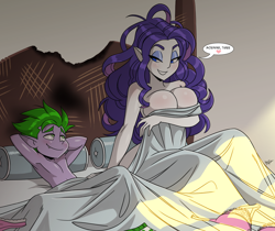 Size: 2096x1758 | Tagged: suggestive, artist:aeolus06, rarity, spike, /ss/, afterglow, arm behind head, bed, bedsheets, blanket, bra, breasts, busty rarity, clothes, covering, covering breasts, dialogue, discarded bra, discarded underwear, elf ears, female, frilly underwear, human, humanized, implied nudity, implied sex, imported from twibooru, looking at each other, looking at someone, male, morning after, older, older spike, on bed, panties, pink underwear, pony coloring, shipping, shotacon, smiling, sparity, straight, straight shota, underage, underwear, waking up