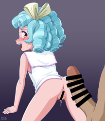 Size: 2586x3000 | Tagged: explicit, artist:uotapo, bottomless, censor bar, censored, clothes, cozy glow, cozy glutes, equestria girls, equestria girls-ified, erection, faceless male, female, imminent sex, imported from twibooru, lolicon, looking back, male, nudity, offscreen character, open mouth, part of a set, partial nudity, penis, shirt, sleeveless, sleeveless shirt, underage, vagina, vaginal secretions