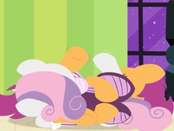 Size: 3200x2400 | Tagged: questionable, artist:dtcx97, scootaloo, sweetie belle, comic:scootaloo & sweetie's night, 69 position, bed, clothes, cunnilingus, female, foalcon, g4, high res, imported from derpibooru, lesbian, on side, oral, pony, sex, ship:scootabelle, shipping, shivering, softcore