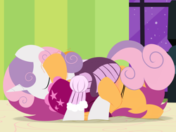 Size: 3200x2400 | Tagged: questionable, artist:dtcx97, scootaloo, sweetie belle, comic:scootaloo & sweetie's night, 69 position, bed, blushing, clothed sex, clothes, female, foalcon, g4, high res, imported from derpibooru, lesbian, oral, sex, ship:scootabelle, shipping, softcore