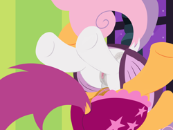 Size: 3200x2400 | Tagged: explicit, artist:dtcx97, scootaloo, sweetie belle, comic:scootaloo & sweetie's night, anus, butt, clitoris, clothes, female, foalcon, g4, high res, hooves, imported from derpibooru, lesbian, nudity, plot, ponut, ship:scootabelle, shipping, underhoof, vaginal secretions, vulva