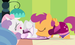 Size: 4000x2400 | Tagged: explicit, artist:dtcx97, scootaloo, sweetie belle, comic:scootaloo & sweetie's night, bed, blushing, clothes, cunnilingus, female, foalcon, frilly underwear, g4, horn, imported from derpibooru, lesbian, oral, panties, panties around leg, panties around legs, panties pulled down, pegasus, pony, sex, ship:scootabelle, shipping, underwear, unicorn, vaginal secretion stain, vaginal secretions, wet panties