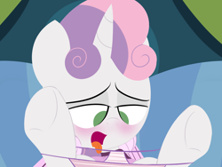 Size: 3200x2400 | Tagged: explicit, artist:dtcx97, sweetie belle, comic:scootaloo & sweetie's night, bed, blushing, clothes, comic, female, foalcon, g4, high res, horn, imported from derpibooru, panties, panties around legs, panties pulled down, pony, solo, solo female, striped underwear, tongue out, underhoof, underwear, unicorn