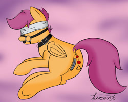 Size: 2500x2000 | Tagged: explicit, artist:lucentmoon, scootaloo, anal beads, anal insertion, anal only, anus, bit gag, blindfold, collar, crotch tape, dock, female, filly, foal, foalcon, g4, gag, high res, imported from derpibooru, insertion, nudity, pegasus, pony, sex toy, solo, solo female, tape