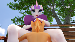 Size: 2560x1440 | Tagged: explicit, artist:littlesocks3, button mash, 3d, anthro, banned from derpibooru, clothes, cunnilingus, dress, female, imported from twibooru, male, oral, park, public, sex, shotacon, size difference, skirt, straight, straight shota, twilight velvet, underage, upskirt