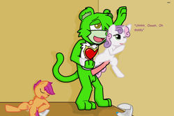 Size: 920x613 | Tagged: explicit, artist:blazeheartpanther, scootaloo, sweetie belle, oc, oc:blaze heart, aftersex, bear, canon x oc, care bear, care bears, comic sans, cum, diaper, diaper fetish, foalcon, furry, g4, horn, imported from derpibooru, non-baby in diaper, non-mlp oc, non-pony oc, nudity, pegasus, penis, pony, sex, unicorn