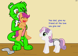 Size: 821x590 | Tagged: explicit, artist:blazeheartpanther, scootaloo, sweetie belle, oc, oc:blaze heart, bear, canon x oc, care bear, care bears, comic sans, diaper, diaper belle, diaper fetish, foalcon, furry, g4, grinding, horn, imported from derpibooru, non-baby in diaper, non-mlp oc, non-pony oc, nudity, pegasus, penis, pony, unicorn