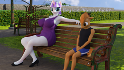 Size: 2560x1440 | Tagged: questionable, artist:littlesocks3, button mash, 3d, anthro, banned from derpibooru, clothes, dress, female, imported from twibooru, male, nervous, park, public, sex request, shotacon, size difference, twilight velvet, underage