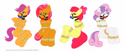 Size: 3500x1500 | Tagged: explicit, artist:greaterlimit, artist:ryuseihikari, apple bloom, babs seed, scootaloo, sweetie belle, angry, anthro, arm behind back, ballgag, banned from derpibooru, bondage, breasts, crying, cutie mark crusaders, earth pony, female, fluffy, foalcon, g4, gag, imported from derpibooru, imported from twibooru, lolicon, nipples, nudity, ropes, sad, simple background, underage