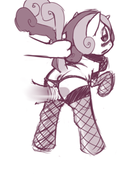 Size: 500x700 | Tagged: explicit, artist:florecentmoo, sweetie belle, :o, anus, blushing, clothes, collar, female, fishnet stockings, foalcon, g4, imported from derpibooru, legwear, male, monochrome, nudity, open mouth, panties, penis, raised hoof, raised tail, sadistic sweetie belle, sex, straight, tail pull, thong, underwear, vagina