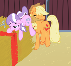 Size: 1912x1776 | Tagged: explicit, artist:mostazathy, applejack, diamond tiara, applejack is a spankaholic, barn, butt, female, filly, foal, foalcon, g4, imported from derpibooru, lesbian, mare, paddle, plot, pony, spanking, tiarajack, vaginal secretions
