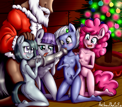 Size: 4000x3500 | Tagged: explicit, artist:anibaruthecat, pinkie pie, anthro, assisted blowjob, blowjob, cum, cum in mouth, cumming, female, imported from twibooru, limestone pie, lolicon, marble pie, maud pie, nipples, nudity, oral, penis, santa claus, sex, underage, vulva