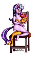 Size: 1896x2992 | Tagged: explicit, artist:anibaruthecat, starlight glimmer, age progression, age regression, anthro, anus, balls, banned from derpibooru, blushing, colt sunburst, female, handjob, imported from twibooru, male, nudity, penetration, penis, sex, shipping, shotacon, simple background, starburst, straight, sunburst, transparent background, underage, vaginal, younger