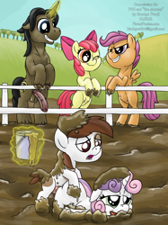 Size: 1000x1335 | Tagged: explicit, artist:smudge proof, apple bloom, scootaloo, sweetie belle, oc, oc:thunder ring, balls, colt, colt on filly, commission, crotchboobs, cutie mark crusaders, doggy style, farm, female, filly, foal, foalcon, from behind, g4, imported from derpibooru, magic, male, mud, nipples, nudity, penetration, penis, pigsty, pipsqueak, pony, sex, ship:sweetiesqueak, shipping, straight, sweet apple acres, vaginal