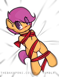 Size: 905x1189 | Tagged: explicit, artist:bakaponi, scootaloo, bed, blushing, bondage, clitoris, female, foalcon, g4, imported from derpibooru, nudity, on back, pony, ribbon, solo, solo female, vulva