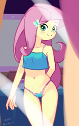 Size: 1800x2880 | Tagged: suggestive, artist:drantyno, fluttershy, bed, bedroom, bra, cameltoe, clothes, crop top bra, equestria girls, female, g4, high res, human, imported from twibooru, indoors, lolicon, mirror, offscreen character, panties, pov, smiling, solo, solo female, thong, underage, underwear