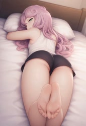 Size: 832x1216 | Tagged: suggestive, sweetie belle, ai content, ai generated, bed, butt, feet, female, fetish, foot fetish, human, humanized, imported from twibooru, lolicon, lying down, underage
