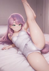 Size: 832x1216 | Tagged: questionable, sweetie belle, ai content, ai generated, bow, breasts, cameltoe, clothes, delicious flat chest, female, human, humanized, imported from twibooru, lolicon, raised leg, small breasts, underage