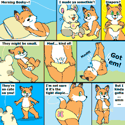 Size: 1000x1000 | Tagged: explicit, artist:nishi, oc, balls, barely pony related, comic, dialogue, diaper, diaper fetish, fetish, fluttershy's cutie mark, foalcon, fox, furry, g4, genitals, gif, implied fluttershy, imported from derpibooru, male, non-animated gif, nudity, penis, speech bubble, tail