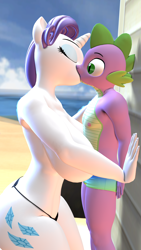 Size: 1440x2560 | Tagged: questionable, artist:daemont92, rarity, spike, 3d, age difference, anthro, ass, banned from derpibooru, beach, big breasts, breasts, busty rarity, butt, clothes, dragon, eyes closed, eyeshadow, female, hands on wall, imported from twibooru, kissing, makeup, male, male nipples, partial nudity, rearity, sand, seaside, shipping, shotacon, source filmmaker, sparity, straight, straight shota, surprise kiss, surprised, swimming trunks, topless, underage, unicorn, water, wide eyes