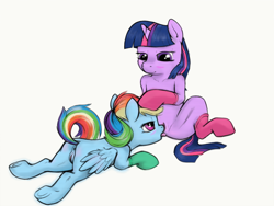 Size: 1200x900 | Tagged: explicit, artist:rhythmlines, rainbow dash, twilight sparkle, anus, blushing, clothes, cunnilingus, female, females only, foalcon, g4, holding head, human vulva on pony, imported from derpibooru, lesbian, mare, nudity, oral, pegasus, pony, puckered asshole, ship:twidash, shipping, socks, underhoof, unicorn, unicorn twilight, vulva