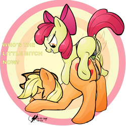 Size: 2500x2500 | Tagged: explicit, artist:shinekolt, apple bloom, applejack, age difference, anal insertion, anatomically correct, anus, applecest, ass up, bow, butt, dialogue, dock, duo, earth pony, eyes closed, face down ass up, female, filly, filly on mare, foal, foalcon, foaldom, freckles, from behind, g4, grin, hair bow, high res, imported from derpibooru, incest, insertion, lesbian, mare, nudity, plot, ponut, pony, pony on pony action, puckered asshole, sex, sex toy, ship:bloomjack, shipping, siblings, sisters, small dom big sub, smiling, strapon, useless source url, vaginal secretions, vulva