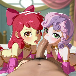 Size: 1024x1024 | Tagged: explicit, apple bloom, sweetie belle, age difference, ai content, ai generated, belly dancer outfit, blowjob, blushing, bow, breasts, delicious flat chest, double blowjob, equestria girls, female, hair bow, human, human on equestria girl action, imported from twibooru, lolicon, male, multiple blowjob, nudity, offscreen character, oral, penis, pov, pubic hair, sex, small breasts, straight, underage