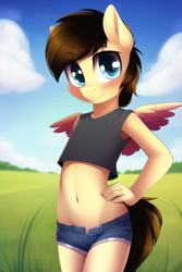 Size: 512x768 | Tagged: suggestive, oc, oc:heart chan, ai generated, anthro, banned from derpibooru, belly button, clothes, crotch lines, imported from twibooru, looking at you, male, novelai, open clothes, pegasus, shirt, shoes, shotacon, stable diffusion, t-shirt, underage
