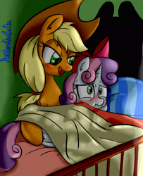 Size: 2550x3139 | Tagged: explicit, artist:anibaruthecat, applejack, sweetie belle, bad touch, bed, bedroom eyes, blushing, bow, drool, earth pony, female, filly, foal, foalcon, freckles, g4, hair bow, hat, high res, implied incest, imported from derpibooru, lesbian, licking lips, mare, mare on filly, molestation, my little pony: friendship is magic, nudity, open mouth, pony, scene parody, scrunchy face, ship:sweetiejack, smiling, somepony to watch over me, sweat, tongue out, unicorn, vaginal secretions, vulva