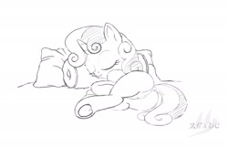 Size: 1772x1144 | Tagged: explicit, artist:drake, sweetie belle, alternate version, bed, butt, casual nudity, crotchboobs, cute, diasweetes, female, filly, foal, foalcon, g4, genitals, imported from derpibooru, lineart, monochrome, nipples, nsfw version, nudity, on side, pillow, sketch, sleeping, sleeping in the nude, solo, solo female, teats, underhoof, vulva