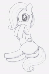 Size: 1286x1943 | Tagged: explicit, artist:an-tonio, fluttershy, anus, female, filly, foal, foalcon, g4, imported from derpibooru, monochrome, nudity, ponut, solo, solo female, traditional art, vulva