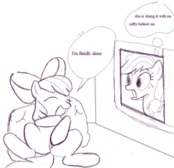Size: 557x538 | Tagged: explicit, apple bloom, applejack, artist needed, female, foalcon, g4, imported from derpibooru, masturbation, misspelling, monochrome, my little pony: friendship is magic, nudity, scene parody, somepony to watch over me, vulva, window