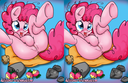 Size: 2560x1663 | Tagged: explicit, artist:anibaruthecat, artist:cloppershy, pinkie pie, anus, cross eye stereogram, cross-eyed, edit, female, foalcon, g4, genitals, group sex, holding legs, imported from derpibooru, madame leflour, masturbation, mr. turnip, nudity, on back, orgy, panting, pony, rock, rocky, sir lintsalot, solo, solo female, spread legs, stereoscopy, sweat, turnip, underhoof, vaginal lubrication, vaginal secretions, vulva, younger