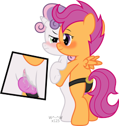 Size: 2640x2795 | Tagged: explicit, artist:sasukex125, scootaloo, sweetie belle, blushing, clitoris, dildo, female, filly, foal, foalcon, g4, high res, imported from derpibooru, intercrural sex, lesbian, nudity, pegasus, pony, sex, sex toy, ship:scootabelle, show accurate, show accurate porn, simple background, strapon, transparent background, unicorn, vaginal secretions, vector, vulva