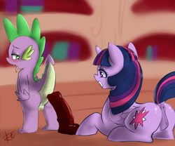 Size: 1500x1246 | Tagged: explicit, artist:crade, spike, twilight sparkle, age difference, alicorn, anal insertion, anus, ass, balls, blushing, butt, cute, cute porn, dildo, dildo sitting, dock, dragon, duo, duo male and female, female, femdom, foalcon, g4, grin, imported from derpibooru, insertion, magic, male, mare, nudity, open mouth, plot, ponut, pony, prone, pseudoincest, sex toy, ship:twispike, shipping, smiling, straight, tip tease, tongue out, twidom, twilight is a foal fiddler, vulva, wingless spike