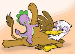 Size: 750x541 | Tagged: explicit, artist:jepso, spike, aftersex, animated, bedroom eyes, belly button, blushing, commission, creampie, cum, cumming, dragon, dragon on griffon action, female, foalcon, g4, gif, gilda, griffon, imported from derpibooru, interspecies, male, nudity, on side, open mouth, panting, paws, penis, reasonably sized genitals, sex, ship:spilda, size difference, smaller male, smiling, spread wings, straight, straight shota, vaginal, vaginal secretions, vulva, wings