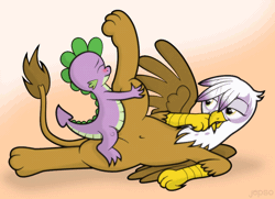 Size: 900x650 | Tagged: explicit, artist:jepso, spike, animated, bedroom eyes, blushing, commission, dragon, dragon on griffon action, eyes closed, female, foalcon, g4, gif, gilda, griffon, imported from derpibooru, interspecies, male, nudity, on side, panting, paws, penis, sex, ship:spilda, size difference, smiling, spread wings, straight, straight shota, vaginal, vaginal secretions, vulva, wings