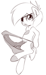 Size: 464x744 | Tagged: explicit, artist:sb, balls, big penis, clothes, colt, crotch bulge, earth pony, erection, eyepatch, foal, foalcon, g4, horsecock, imported from derpibooru, impossibly large penis, male, monochrome, nudity, open mouth, panties, penis, pipsqueak, pony, solo, solo male, underwear